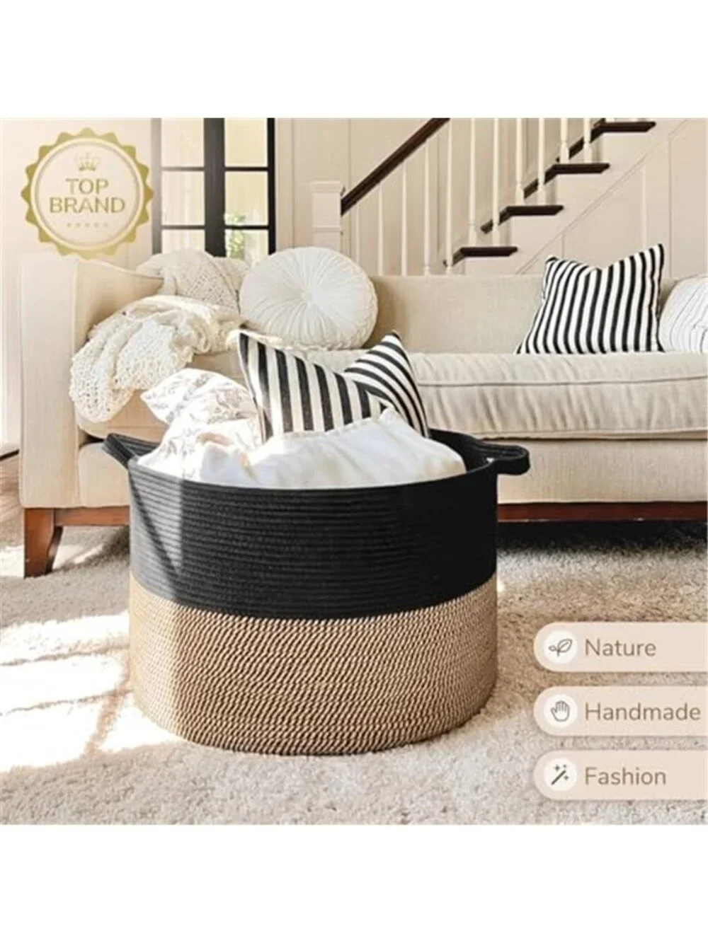 New XXXLarge Woven Rope Blanket Basket Living Room Mix Black, 90L